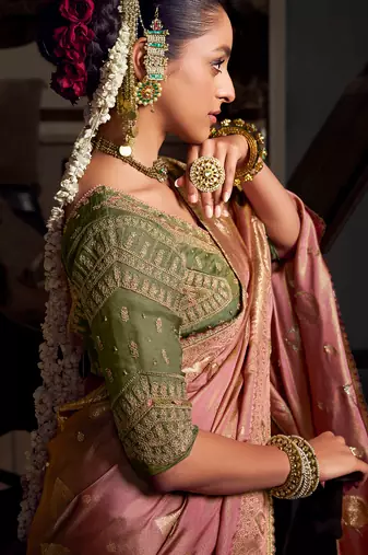 green viscose tissue handworked pallu saree with embroidered blouse piece