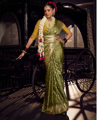 dark green viscose tissue handworked pallu saree with embroidered blouse piece 1