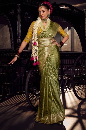 dark green viscose tissue handworked pallu saree with embroidered blouse piece