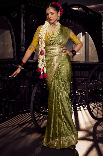dark green viscose tissue handworked pallu saree with embroidered blouse piece