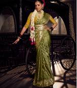 dark green viscose tissue handworked pallu saree with embroidered blouse piece