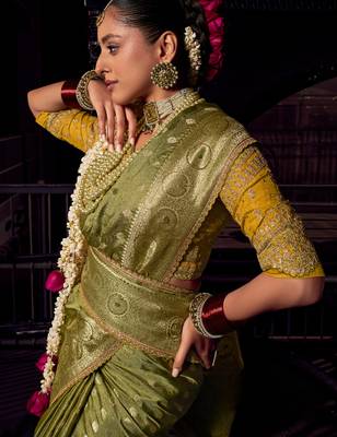 dark green viscose tissue handworked pallu saree with embroidered blouse piece 2