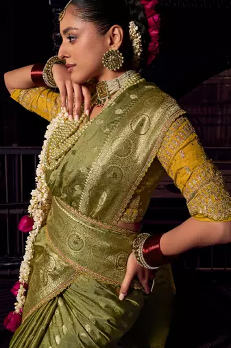 dark green viscose tissue handworked pallu saree with embroidered blouse piece