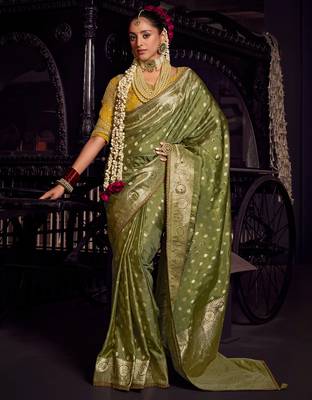 dark green viscose tissue handworked pallu saree with embroidered blouse piece 3