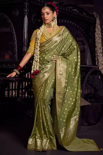 dark green viscose tissue handworked pallu saree with embroidered blouse piece