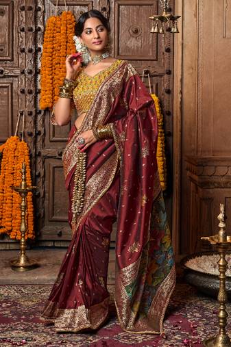 brown silk blend zari weaving saree with embroidered blouse piece