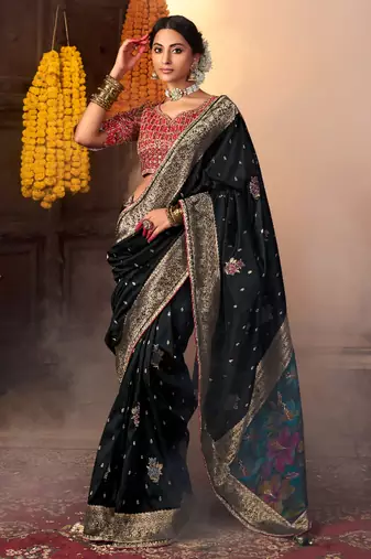 black silk blend zari weaving saree with embroidered blouse piece