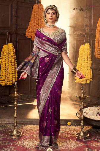 violet silk blend zari weaving saree with embroidered blouse piece