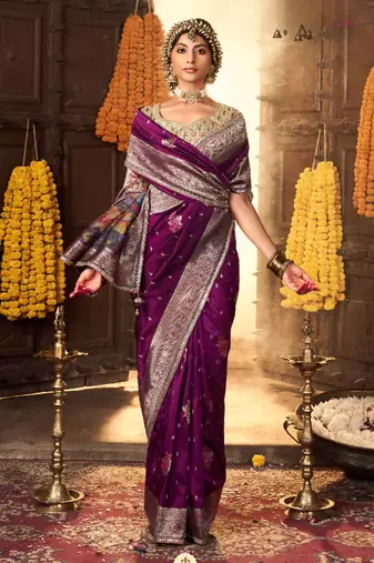 violet silk blend zari weaving saree with embroidered blouse piece