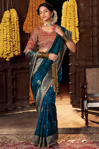 teal silk blend zari weaving saree with embroidered blouse piece