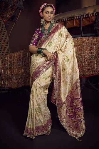 beige viscose dola lace saree with handwork blouse piece