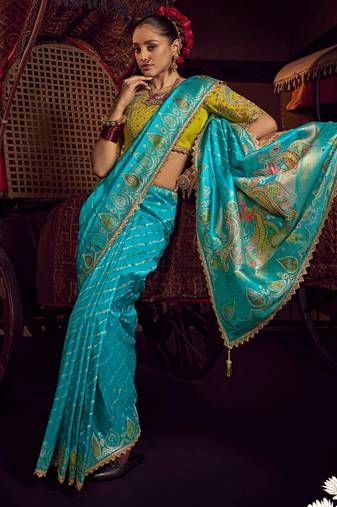sky blue viscose dola lace saree with handwork blouse piece