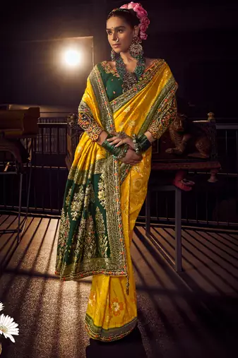 yellow viscose dola lace saree with handwork blouse piece