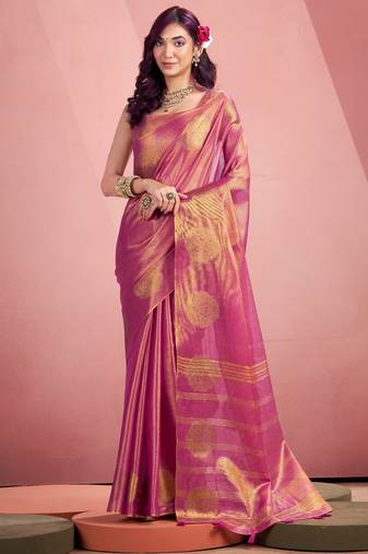 magenta silk blend tissue zari weaving saree with blouse piece