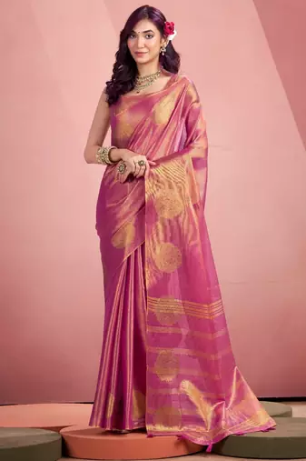 magenta silk blend tissue zari weaving saree with blouse piece