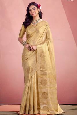 beige silk blend tissue zari weaving saree with blouse piece 1