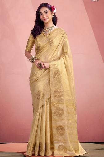 beige silk blend tissue zari weaving saree with blouse piece