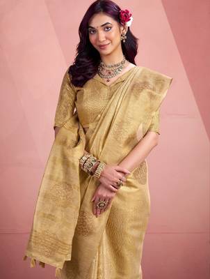 beige silk blend tissue zari weaving saree with blouse piece 2