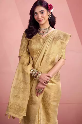 beige silk blend tissue zari weaving saree with blouse piece