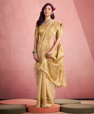 beige silk blend tissue zari weaving saree with blouse piece 3