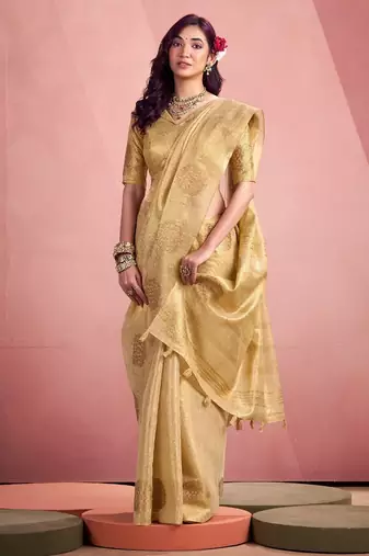 beige silk blend tissue zari weaving saree with blouse piece