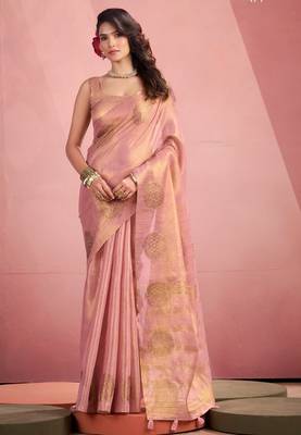 baby pink silk blend tissue zari weaving saree with blouse piece 1