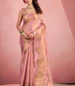 baby pink silk blend tissue zari weaving saree with blouse piece