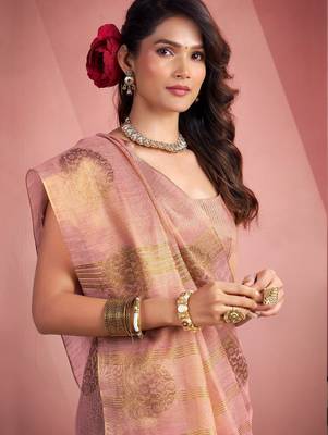 baby pink silk blend tissue zari weaving saree with blouse piece 2