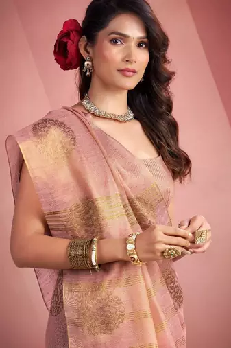 baby pink silk blend tissue zari weaving saree with blouse piece