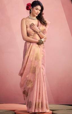 baby pink silk blend tissue zari weaving saree with blouse piece 3