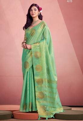 sea green silk blend tissue zari weaving saree with blouse piece 1