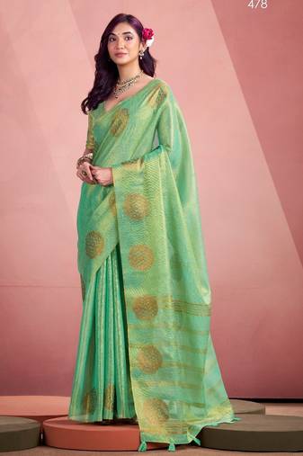 sea green silk blend tissue zari weaving saree with blouse piece