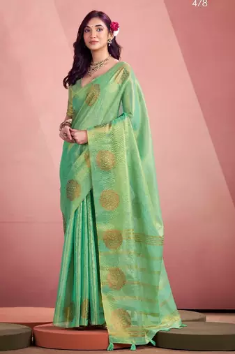 sea green silk blend tissue zari weaving saree with blouse piece