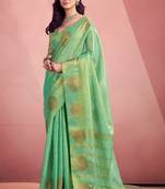 sea green silk blend tissue zari weaving saree with blouse piece