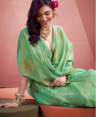 sea green silk blend tissue zari weaving saree with blouse piece 2