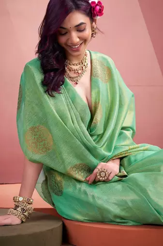 sea green silk blend tissue zari weaving saree with blouse piece