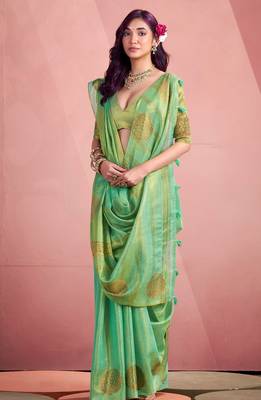 sea green silk blend tissue zari weaving saree with blouse piece 3