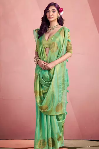 sea green silk blend tissue zari weaving saree with blouse piece