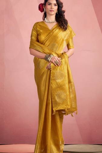 mustard silk blend tissue zari weaving saree with blouse piece