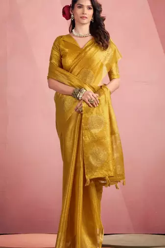 mustard silk blend tissue zari weaving saree with blouse piece