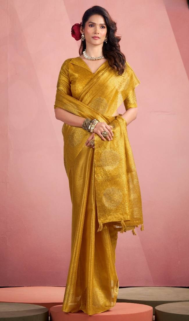mustard silk blend tissue zari weaving saree with blouse piece