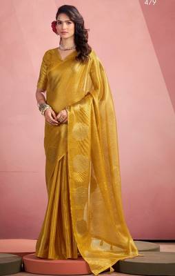 mustard silk blend tissue zari weaving saree with blouse piece 3