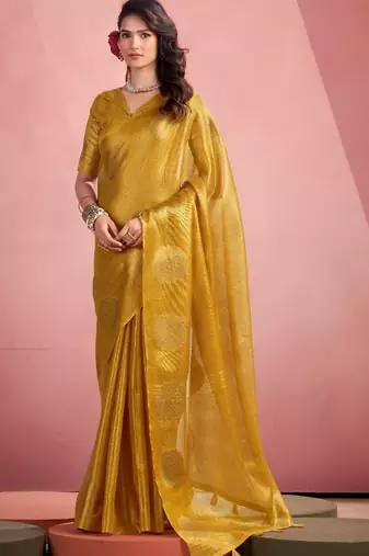 mustard silk blend tissue zari weaving saree with blouse piece