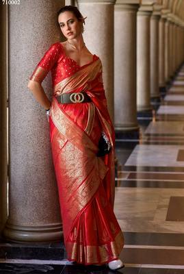 red silk blend tissue zari weaving saree with blouse piece 1