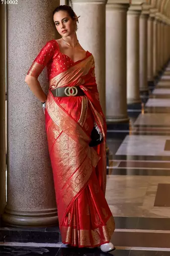 red silk blend tissue zari weaving saree with blouse piece