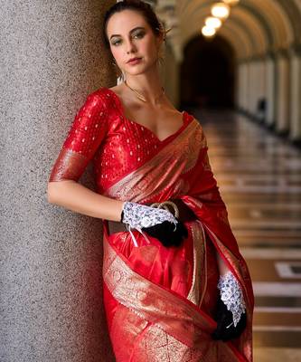 red silk blend tissue zari weaving saree with blouse piece 2