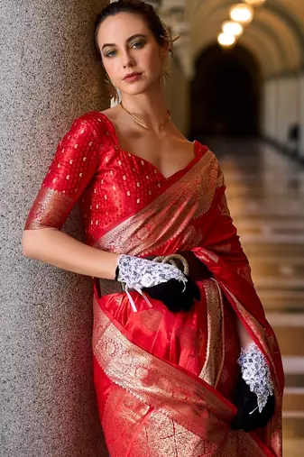 red silk blend tissue zari weaving saree with blouse piece