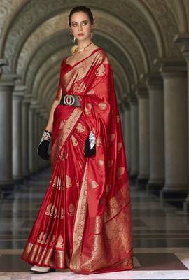 red silk blend tissue zari weaving saree with blouse piece 3