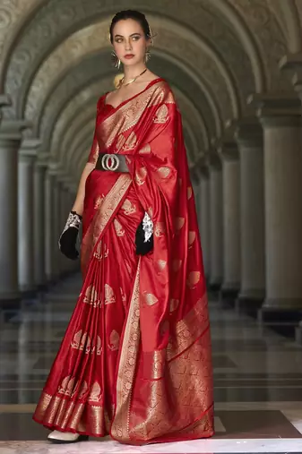 red silk blend tissue zari weaving saree with blouse piece