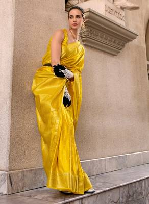 yellow silk blend tissue zari weaving saree with blouse piece 1
